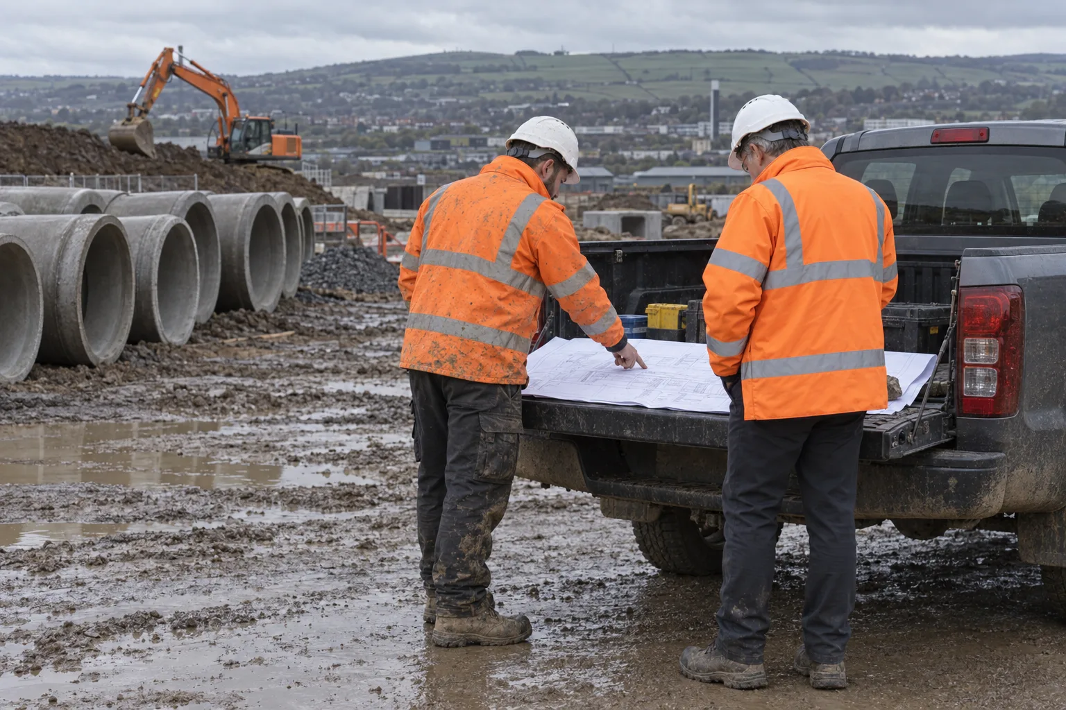 Two people in hi-vis reviewing drawings on a vehicle tailgate on a civils site, with drainage pipes and an excavator behind.