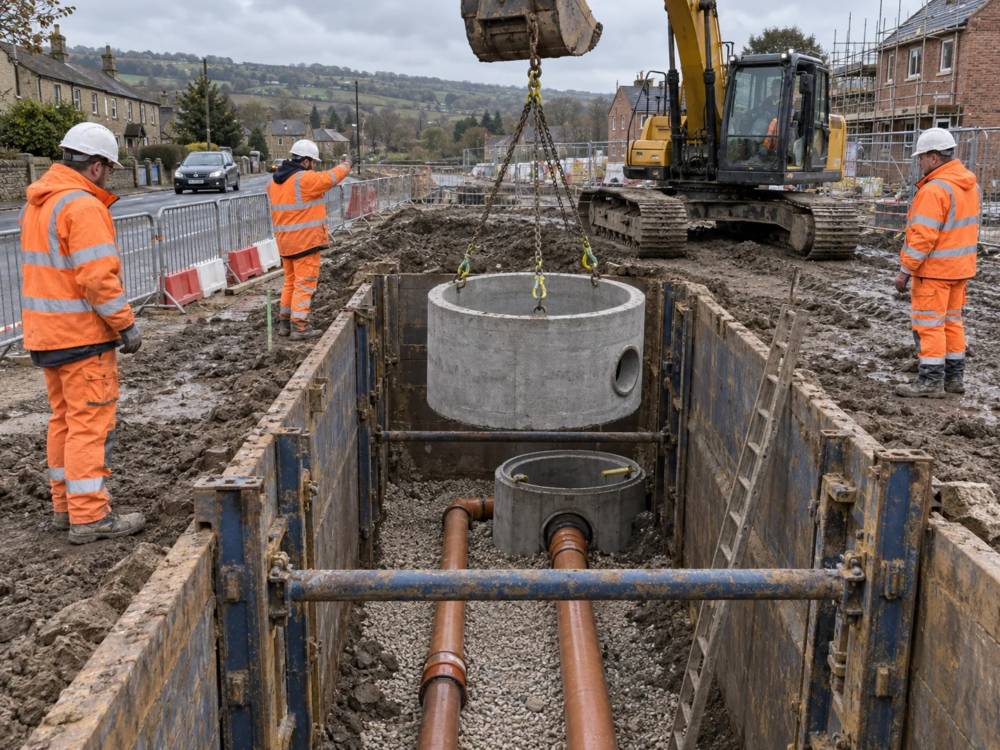 A precast concrete manhole ring being lowered into a shored trench on a housing development, with new sewer pipes bedded in gravel.