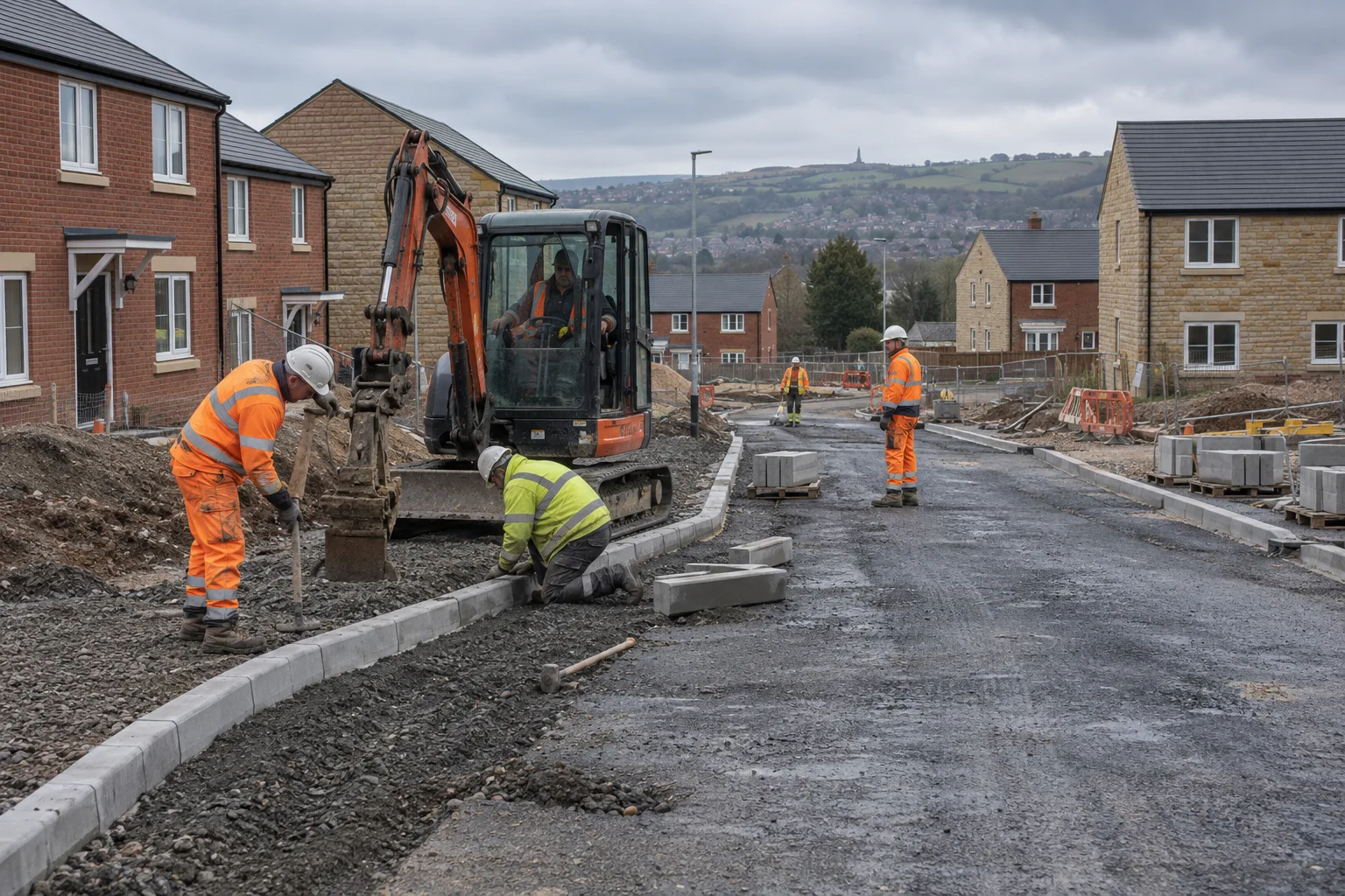 A new estate road under construction on a housing development, with a civils crew laying precast kerbs beside a compact excavator.