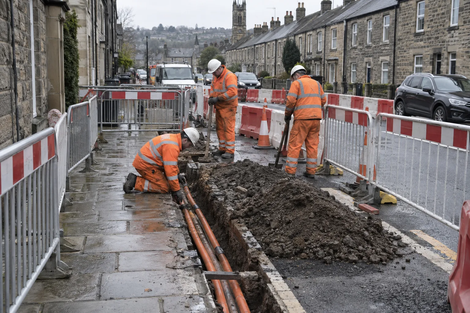 A narrow utility trench along a town street footway, fenced with red and white barriers while operatives lay ducting.