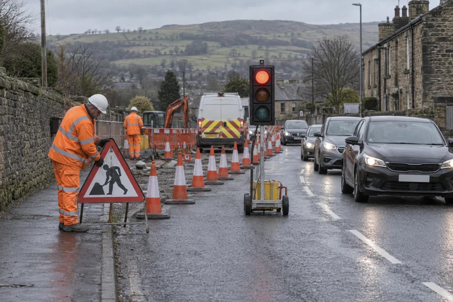 A single-lane closure on a residential road, controlled by portable traffic signals, cones and a roadworks sign.